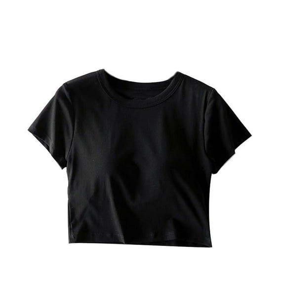 WREESH Women's Built-In Bra Workout Tops Short Sleeve Crop Top with Slim Fitted, Chest Pad, and Solid Color for Versatile Wear Black