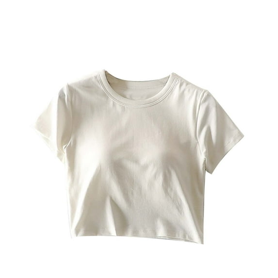 WREESH Women's Built-In Bra Workout Tops Short Sleeve Crop Top with Slim Fitted, Chest Pad, and Solid Color for Versatile Wear White