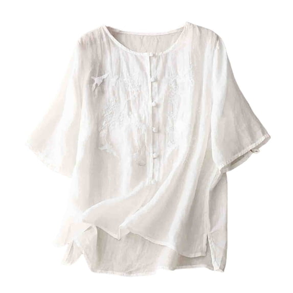 WREESH Women's Button Down Boho Blouses Cotton Linen Blouses with Printed Loose Shirts and Three Quarter Sleeves White