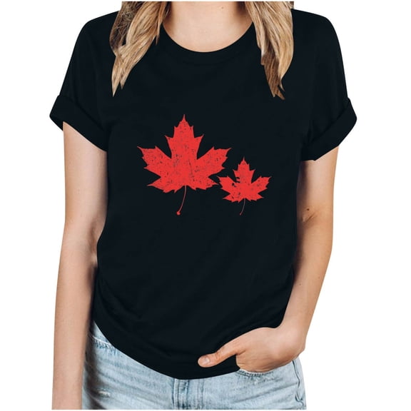 WREESH Women's Canada Day Celebration T-Shirt Casual Maple Leaf Print Short Sleeve Round Neck Blouse Black