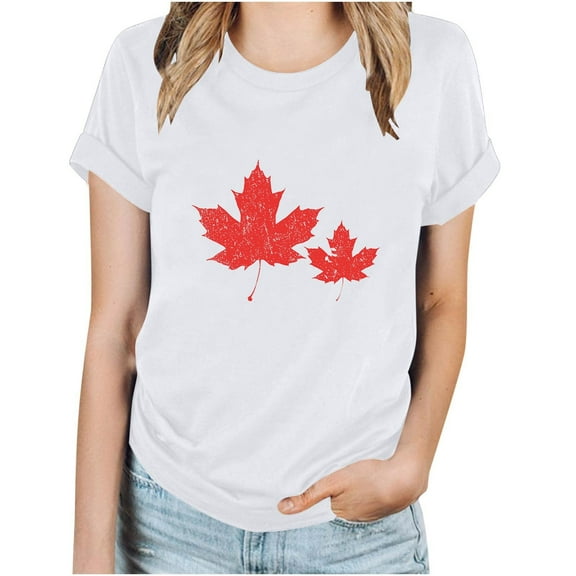 WREESH Women's Canada Day Celebration T-Shirt Casual Maple Leaf Print Short Sleeve Round Neck Blouse White