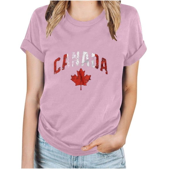 WREESH Women's Canada Day Maple Leaf T-Shirt Casual Short Sleeve Round Neck Graphic Top Pink