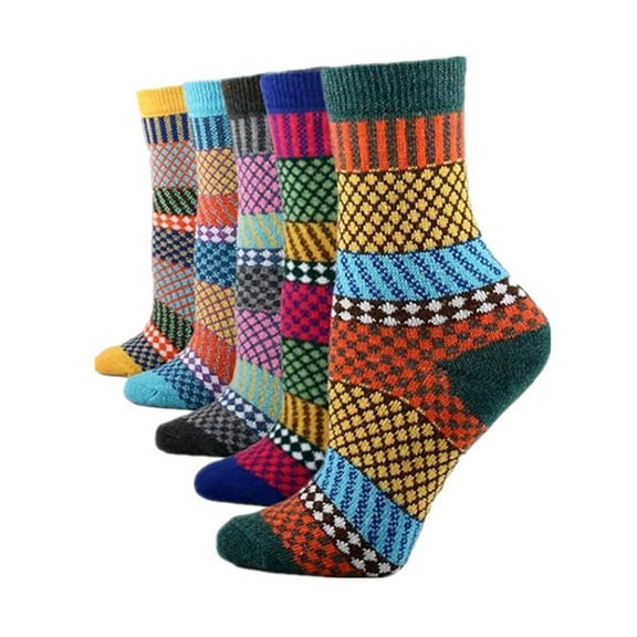 WREESH Women's Casual 5 Pairs Printing Christmas Socks, Thick Warm Wool Ethnic Style Mid-Tube Sports Christmas Socks Multicolor