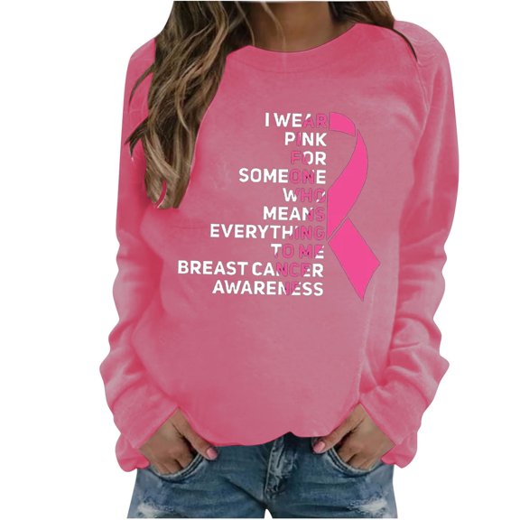 WREESH Women's Casual Breast Cancer Awareness Sweatshirt Crewneck Pullover Pink Ribbon Letter Shirts Hot Pink