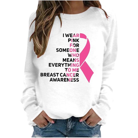WREESH Women's Casual Breast Cancer Awareness Sweatshirt Crewneck Pullover Pink Ribbon Letter Shirts White