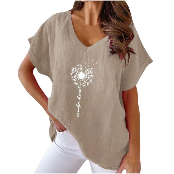 WREESH Women's Casual Cotton Linen Shirt Sunflower Print V-Neck Short Sleeve T-Shirts Khaki