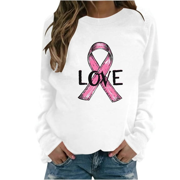 WREESH Women's Casual Crewneck Long Sleeve Sweatshirt Love Letter Pink Ribbon Graphic Top White