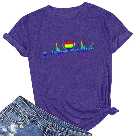 WREESH Women's Casual Graphic Print T-Shirts Summer Short Sleeve Crew Neck Tops Purple