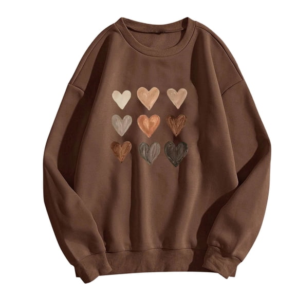 WREESH Women's Casual Long Sleeve Crewneck Sweatshirt Fall Hoodless Heart Graphic Pullover Top Brown