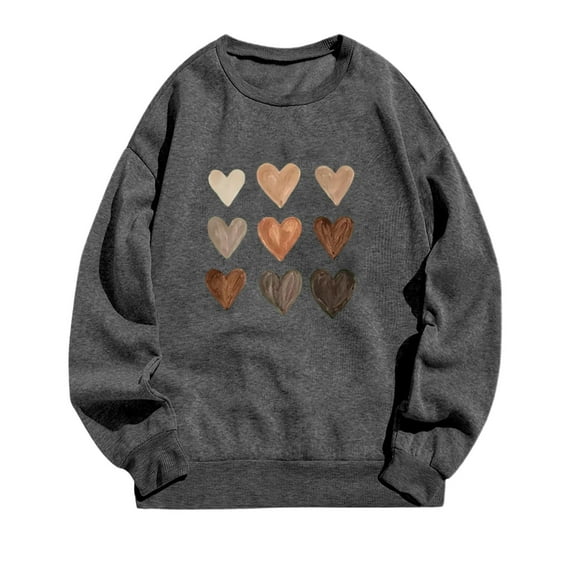 WREESH Women's Casual Long Sleeve Crewneck Sweatshirt Fall Hoodless Heart Graphic Pullover Top Dark Gray