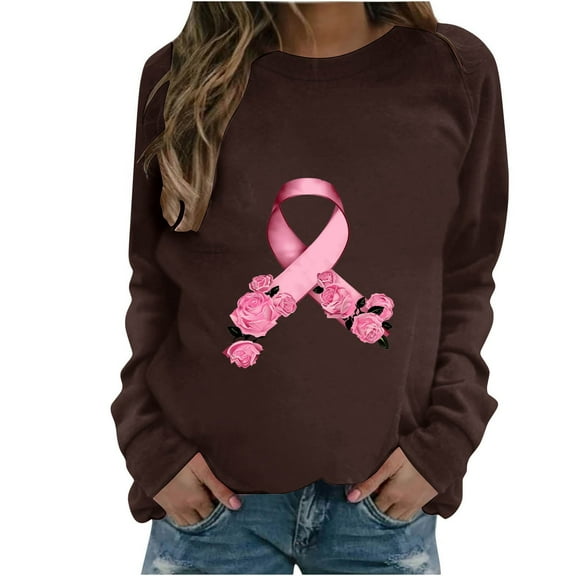 WREESH Women's Casual Loose Fit Sweatshirt Pink Ribbon Flower Graphic Long Sleeve Cancer Awareness Top Brown