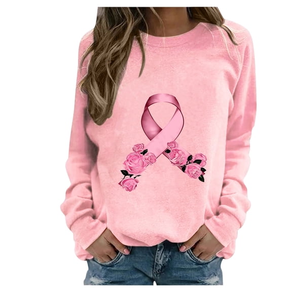 WREESH Women's Casual Loose Fit Sweatshirt Pink Ribbon Flower Graphic Long Sleeve Cancer Awareness Top Pink