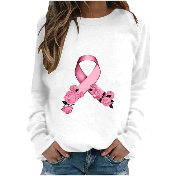 WREESH Women's Casual Loose Fit Sweatshirt Pink Ribbon Flower Graphic Long Sleeve Cancer Awareness Top White