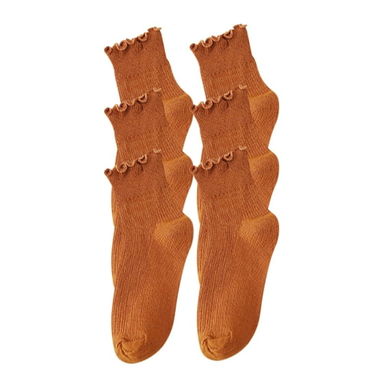 WREESH Women's Casual Short Solid Color Socks With Wooden Ear Edges, 3 Pairs Above-Ankle Coffee
