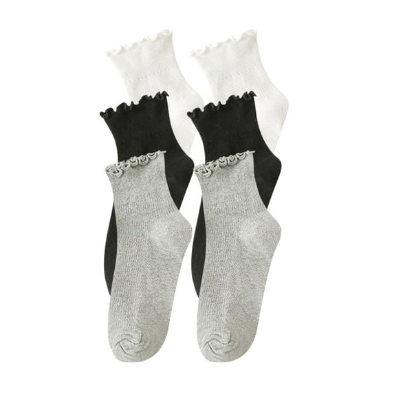 WREESH Women's Casual Short Solid Color Socks With Wooden Ear Edges, 3 Pairs Above-Ankle Dark Gray