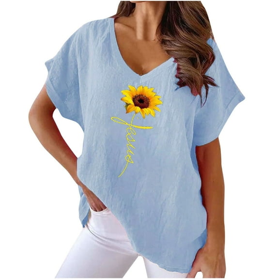 WREESH Women's Casual Summer T-Shirt Cotton Linen Sunflower Print V-Neck Blouse Blue