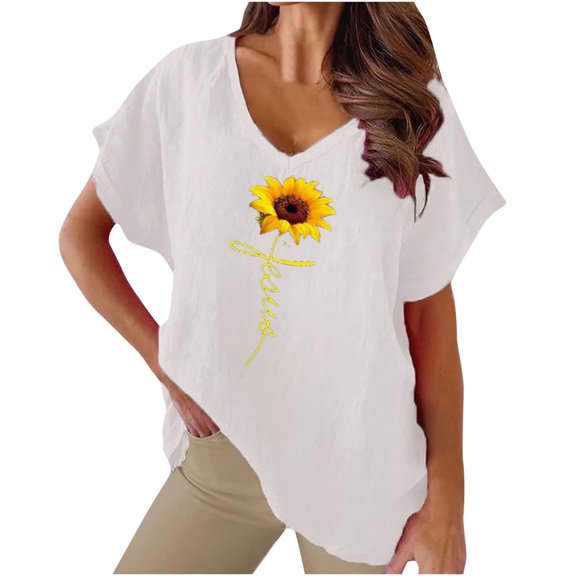 WREESH Women's Casual Summer T-Shirt Cotton Linen Sunflower Print V-Neck Blouse White