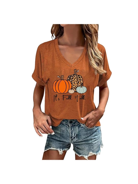 Women's Casual Thanksgiving Shirts Pumpkin Graphic Tees Short Sleeve V Neck T Shirts Fall Tops Clothes 2025 Orange
