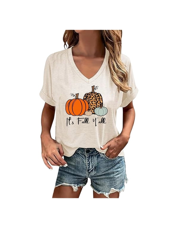 Women's Casual Thanksgiving Shirts Pumpkin Graphic Tees Short Sleeve V Neck T Shirts Fall Tops Clothes 2025 White