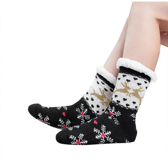 WREESH Women's Casual Winter Home Non-Slip Fleece Warm Thick Christmas Socks Above-Ankle Socks Black