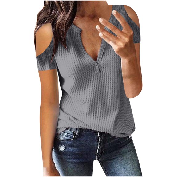 WREESH Women's Cold Shoulder Summer Blouse Fashion Waffle Knit Tunic Top with Solid Color Gray
