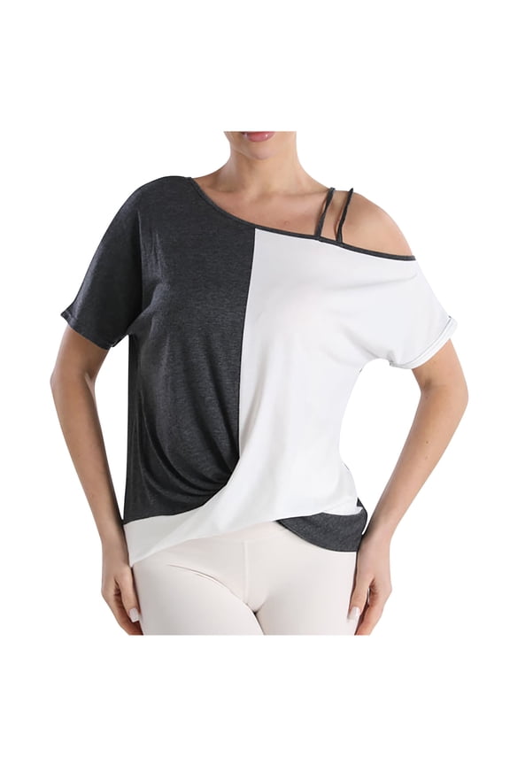 Women's Cold Shoulder Tops Casual Color Block Asymmetric Hem Short Sleeve Blouses Gray