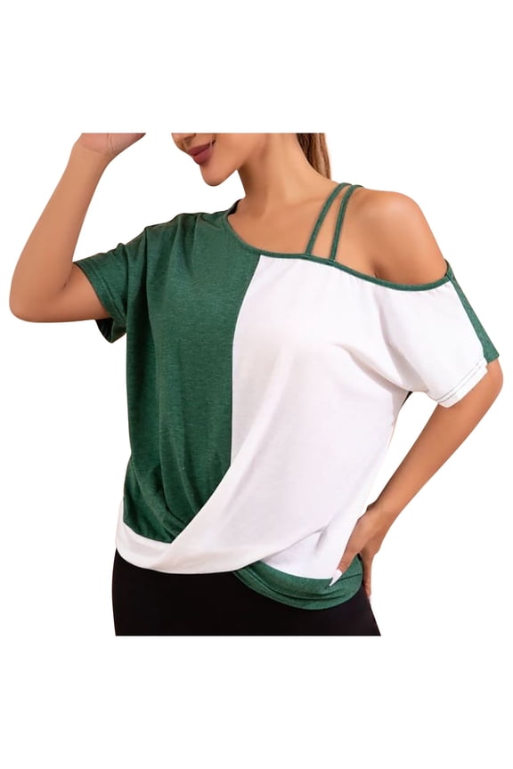 Women's Cold Shoulder Tops Casual Color Block Asymmetric Hem Short Sleeve Blouses Green