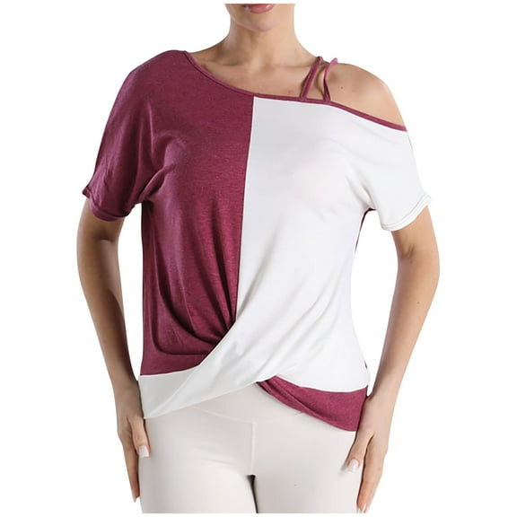 WREESH Women's Cold Shoulder Tops Casual Color Block Asymmetric Hem Short Sleeve Blouses Red