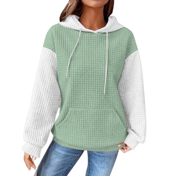 WREESH Women's Color Block Waffle Hoodie Casual Long Sleeve Drawstring Sweatshirt Top Green