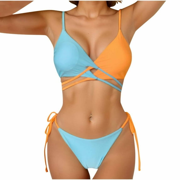 WREESH Women's Color-Blocked Fashion Backless Bikini Set - Ribbon Chest Cushion with Briefs Pants Split Swimsuit Orange