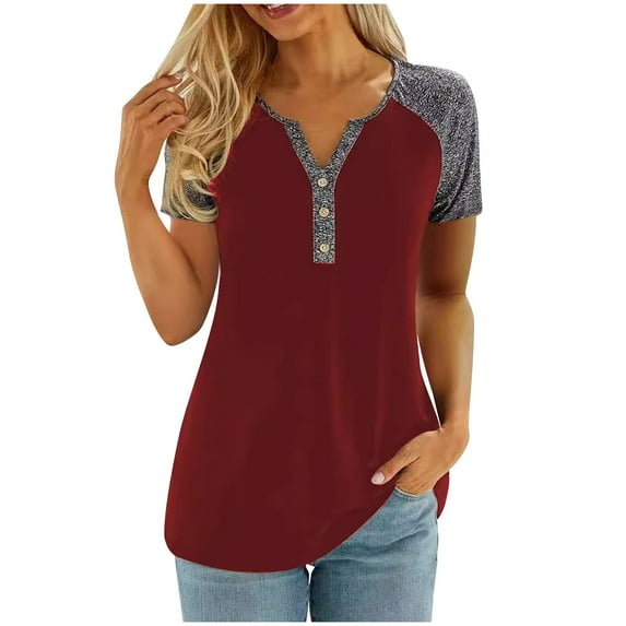 WREESH Women's Color Blocked V-Neck T-Shirt Summer Casual Henley Raglan Sleeve Top Red