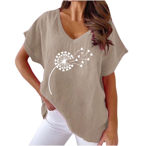 WREESH Women's Cotton Linen Graphic T-Shirts Summer Fashion V-Neck Batwing Sleeves Khaki