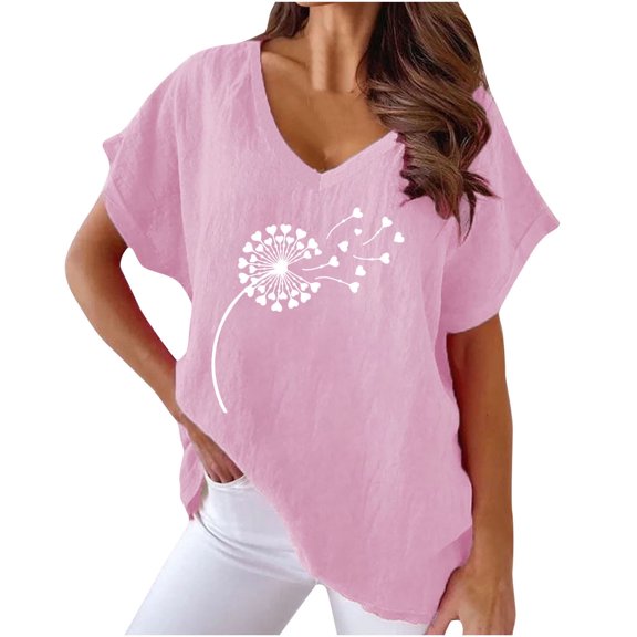 WREESH Women's Cotton Linen Graphic T-Shirts Summer Fashion V-Neck Batwing Sleeves Pink