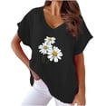 thumbnail image 1 of WREESH Women's Cotton Linen Graphic T-Shirts Sunflower Print V-Neck Dolman Sleeve Short Sleeve Tops Black, 1 of 1