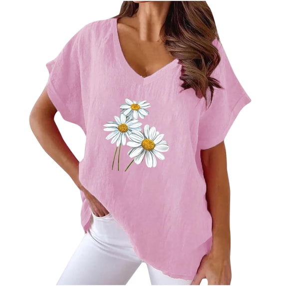 WREESH Women's Cotton Linen Graphic T-Shirts Sunflower Print V-Neck Dolman Sleeve Short Sleeve Tops Pink
