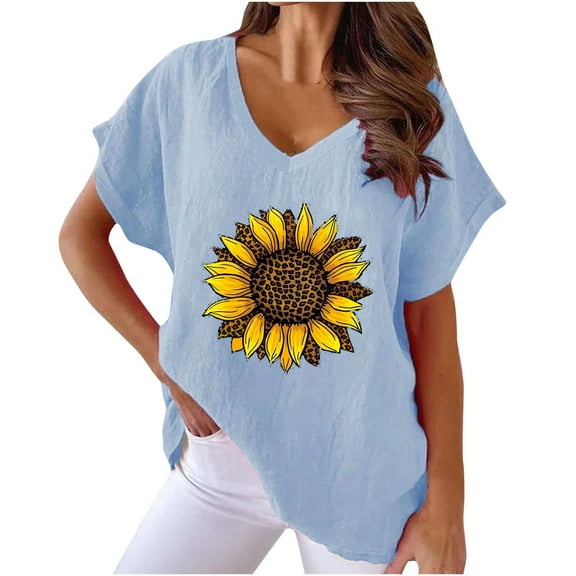 WREESH Women's Cotton Linen Sunflower T-Shirt V-Neck Short Sleeve Dolman Top Blue