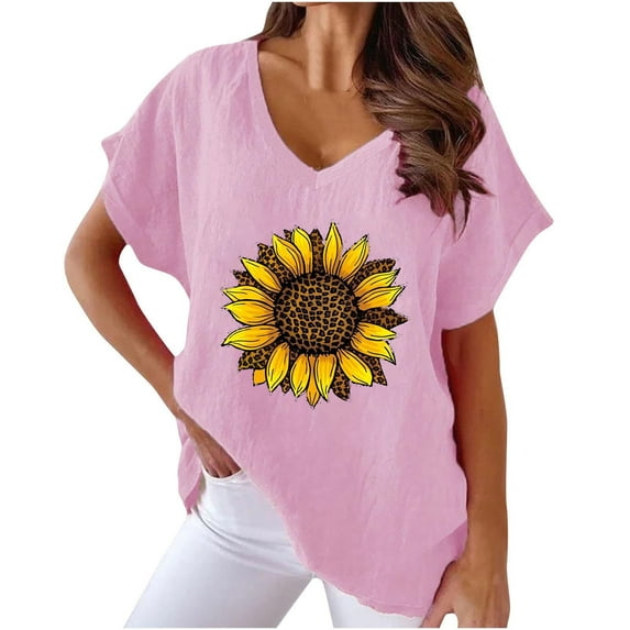 WREESH Women's Cotton Linen Sunflower T-Shirt V-Neck Short Sleeve Dolman Top Pink