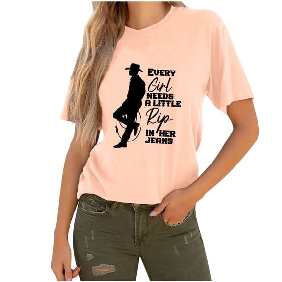 WREESH Women's Cowboy Graphic Tee Fashion Casual Pullover with Crew Neck Short Sleeve Pink