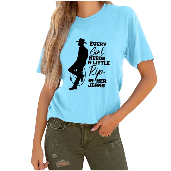 WREESH Women's Cowboy Graphic Tee Fashion Casual Pullover with Crew Neck Short Sleeve Sky Blue