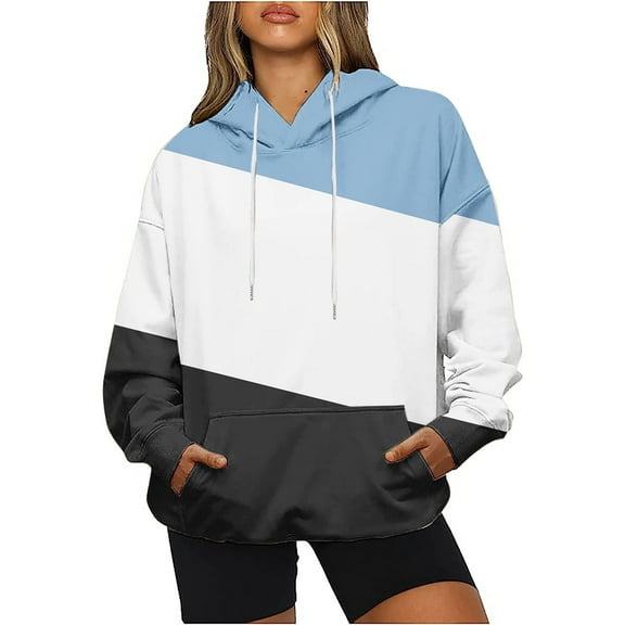 WREESH Women's Cozy Oversized Hoodie Color Block Long Sleeve Casual Pullover Sweatshirt Drawstring Hooded Outwear with Pocket Light Blue