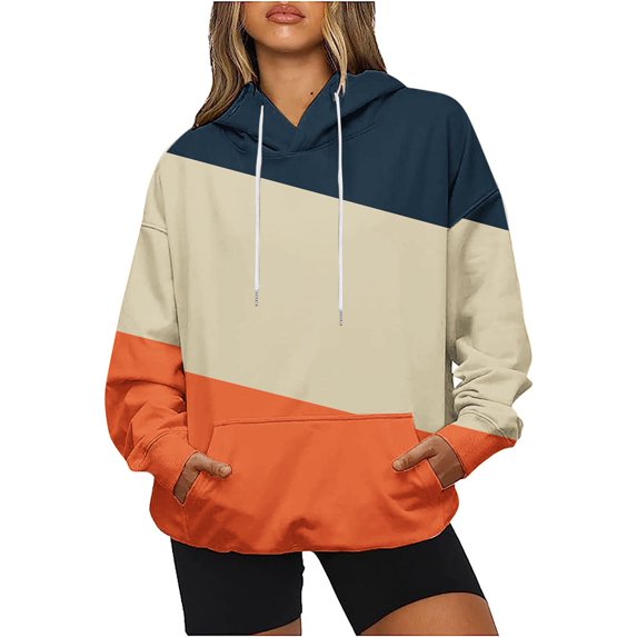 WREESH Women's Cozy Oversized Hoodie Color Block Long Sleeve Casual Pullover Sweatshirt Drawstring Hooded Outwear with Pocket Orange