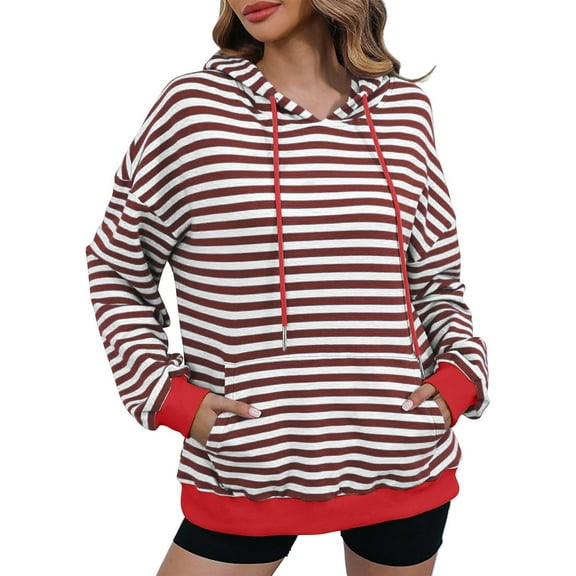 WREESH Women's Cozy Striped Hoodie Oversized Long Sleeve Casual Pullover Sweatshirt with Pocket Red