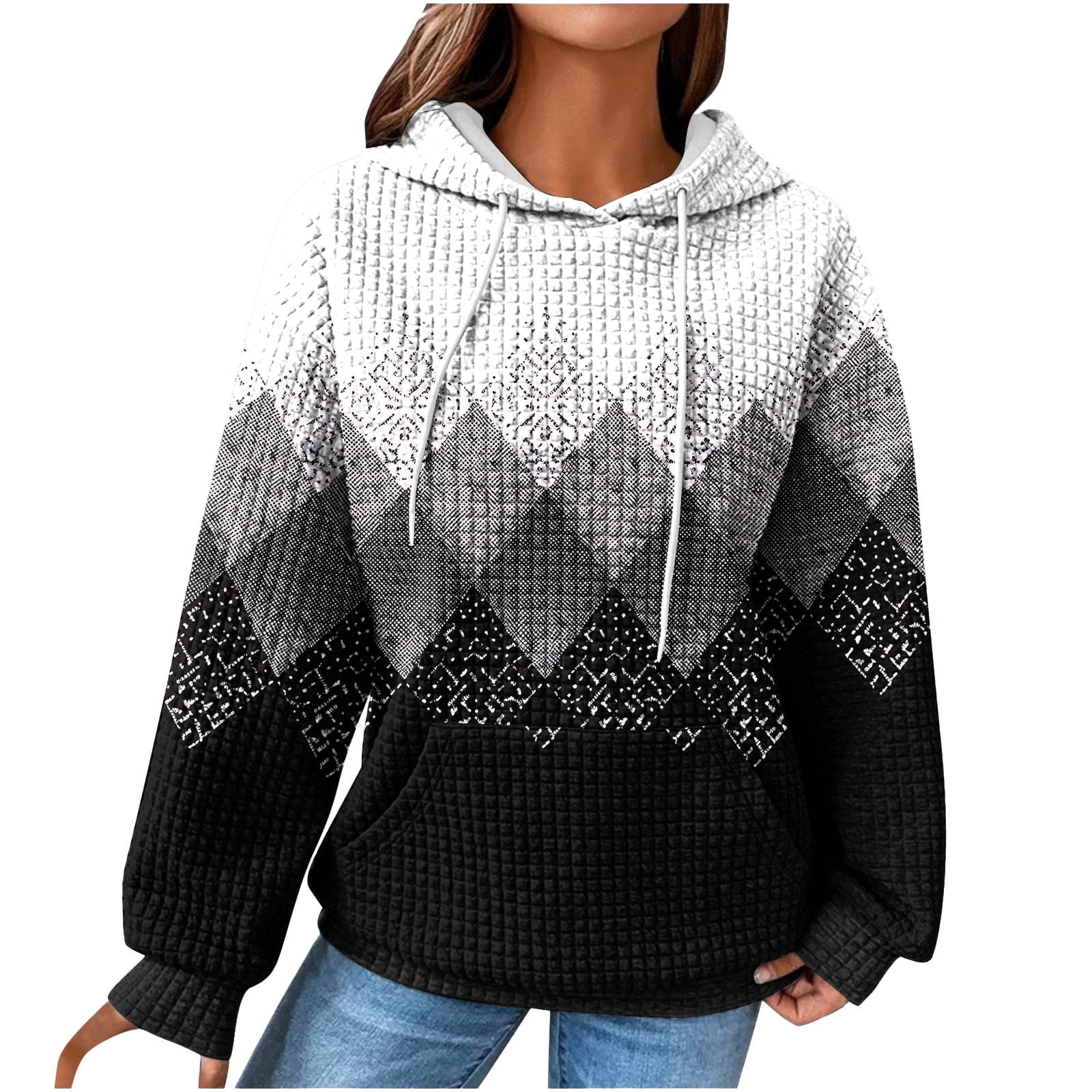 WREESH Women s Cozy Waffle Hoodie Color Block Long Sleeve Drawstring Casual Pullover Sweatshirt Black Walmart