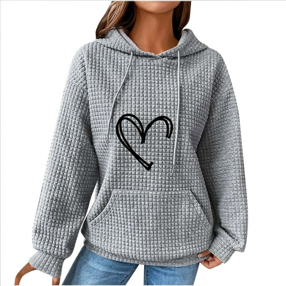 WREESH Women's Cozy Waffle Hoodie with Heart Print Long Sleeve Drawstring Hooded Sweatshirt Casual Top Gray