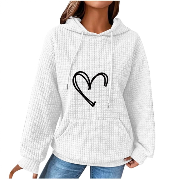 WREESH Women's Cozy Waffle Hoodie with Heart Print Long Sleeve Drawstring Hooded Sweatshirt Casual Top White