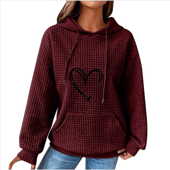 WREESH Women's Cozy Waffle Hoodie with Heart Print Long Sleeve Drawstring Hooded Sweatshirt Casual Top Wine
