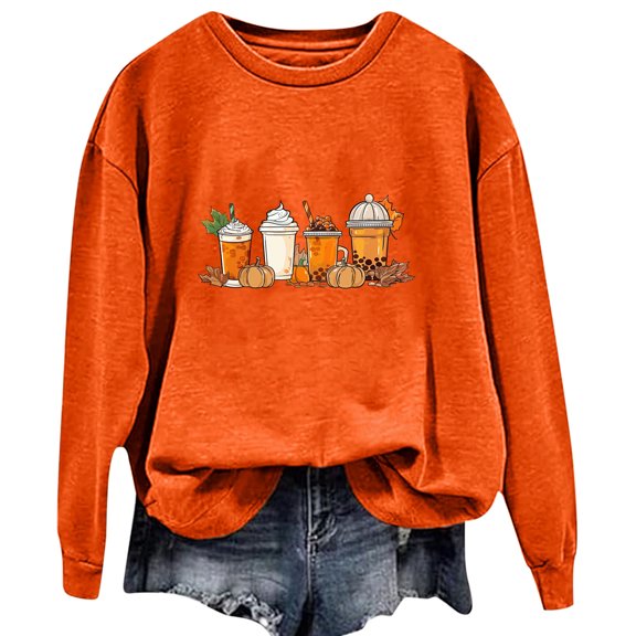 WREESH Women's Crewneck Sweatshirts Fashion Ice Cream Printing Pullover Casual Loose Fall Tops for Women 2025 Orange