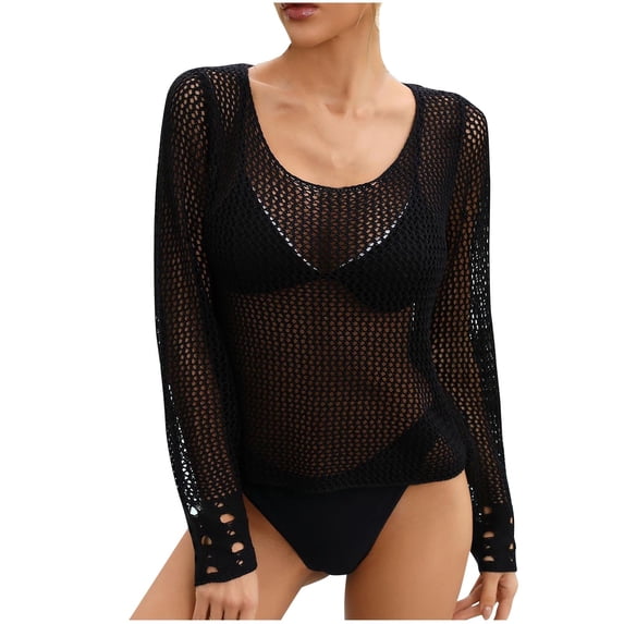 WREESH Women's Crochet Beach Cover-Up Solid Color Long Sleeve Round Neck Hollow Out Sun Protection Shirt Black