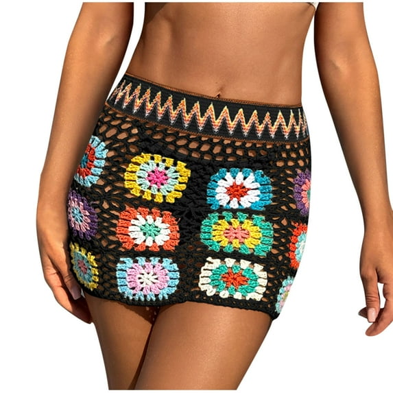 WREESH Women's Crochet Cover-Up Skirt & Sarong - Boho Swimsuit Wrap Beach Shorts Bathing Suit Linen Wrap Skirt Black
