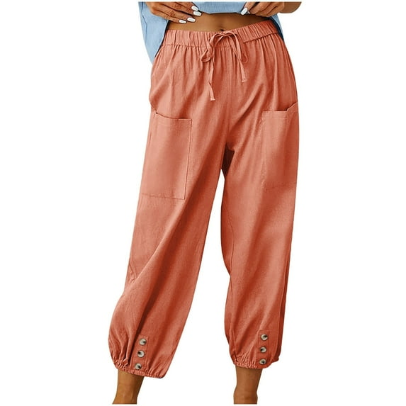 WREESH Women's Cropped Linen-Blended Drawstring Pants - Summer Breathable High Waist Casual Cargo Trousers with Side Pockets